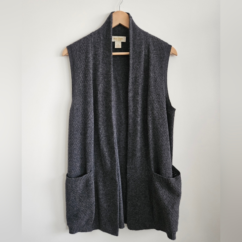 Peck & Peck 100% Cashmere 2-Ply Longline Open Front Vest Charcoal Grey M